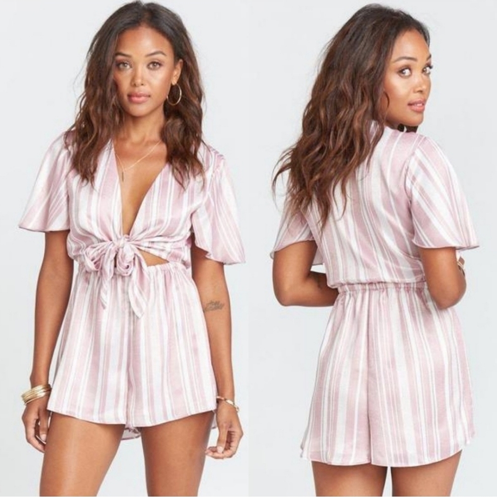 Show Me Your MuMu Striped Satin Gia Romper Pink & White